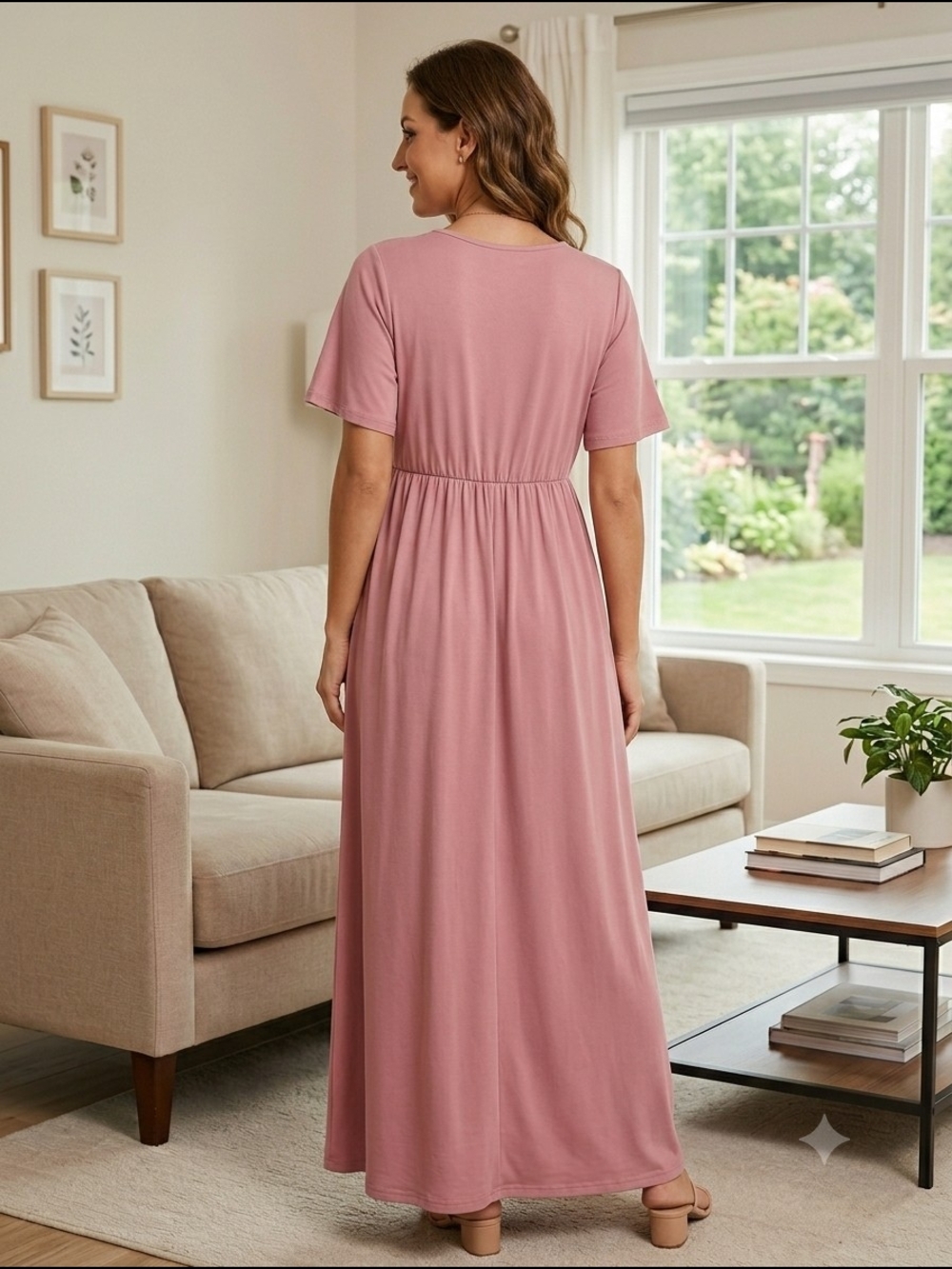Women’s V-Neck Faux Button Maxi Dress in Dusty Rose Size XL - Picture 2 of 5